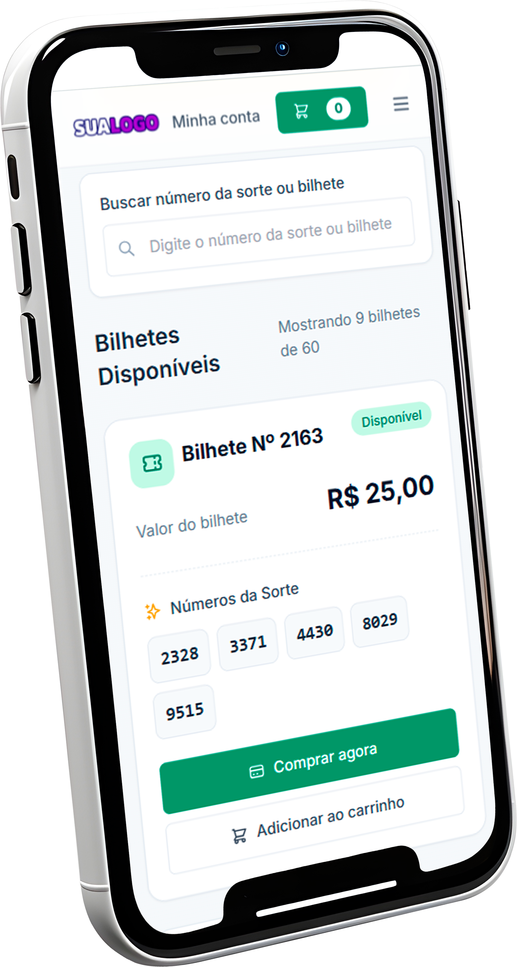 Mockup da plataforma de rifas exibida em um celular